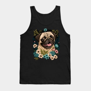 Happy Pug and Flowers Dog Illustration Tank Top